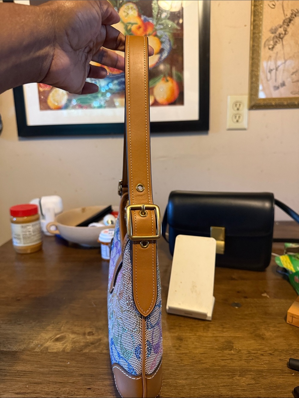 Coach Multicolor Signature Crescent Shoulder Bag with Tan Leather Trim - Picture 4 of 11